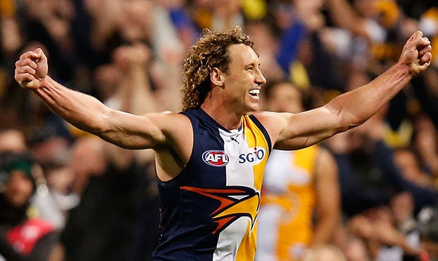 AFL 2015 Second Preliminary Final - West Coast v North Melbourne PERTH, AUSTRALIA - SEPTEMBER 26: Matt Priddis of the Eagles celebrates as the final siren sounds during the 2015 AFL Second Preliminary Final match between the West Coast Eagles and the North Melbourne Kangaroos at Domain Stadium, Perth, Australia on September 26, 2015. (Photo by Michael Willson/AFL Media)